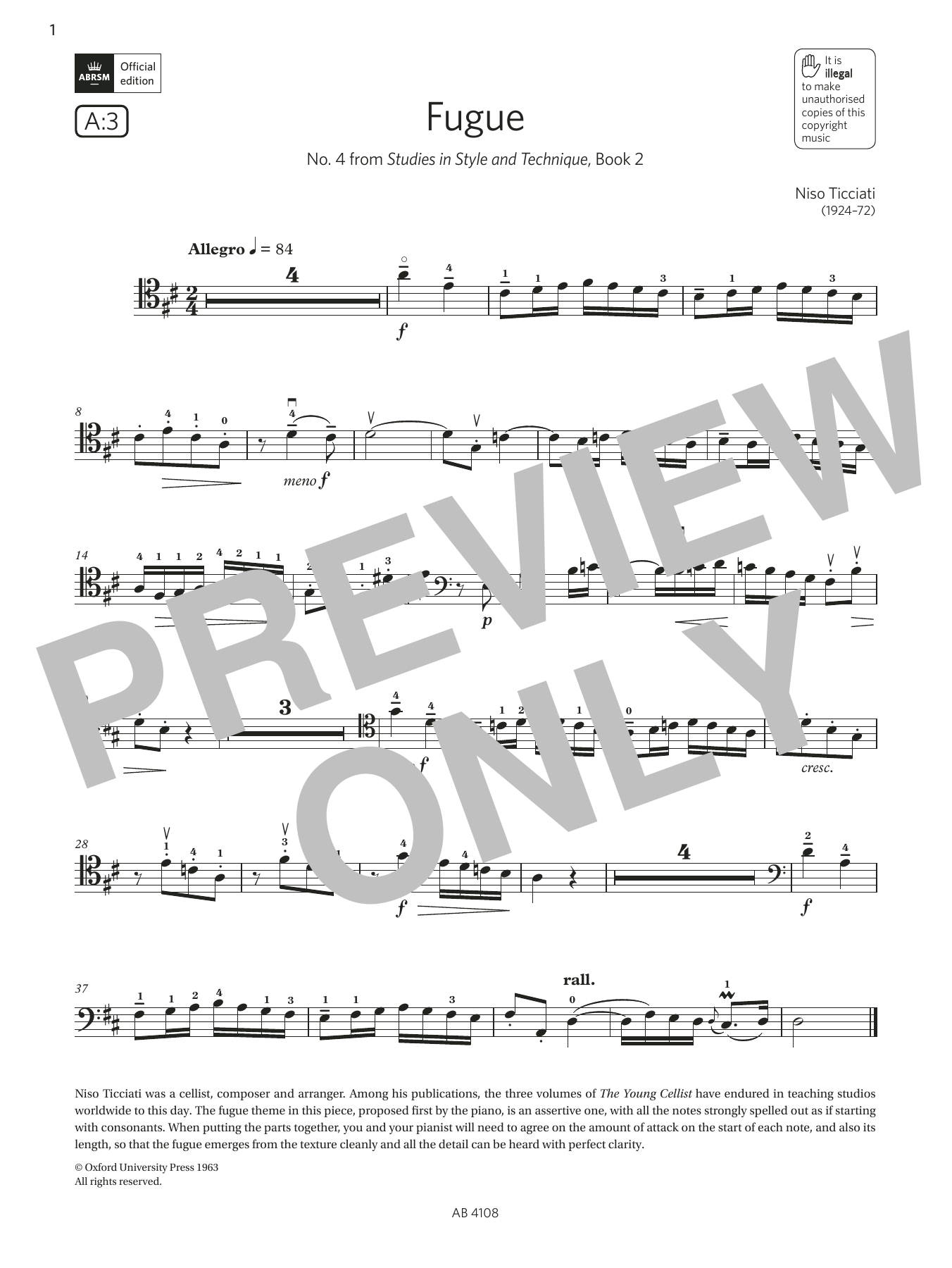 Download Niso Ticciati Fugue (Grade 5, A3, from the ABRSM Cell Sheet Music