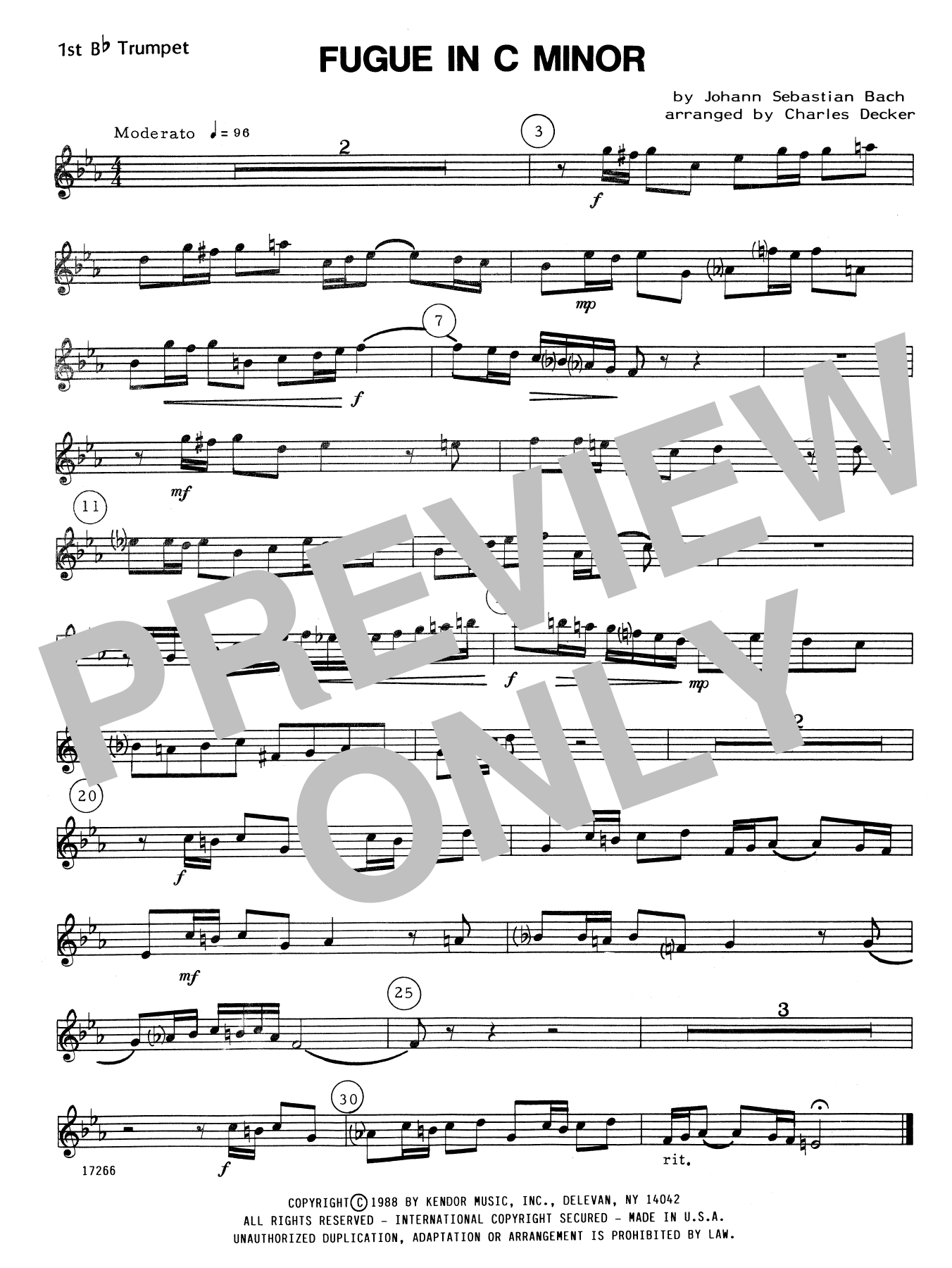 Download Charles Decker Fugue In C Minor - 1st Bb Trumpet Sheet Music