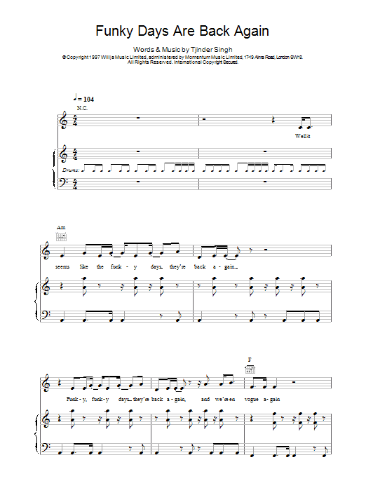 Cornershop Funky Days Are Back Again sheet music notes printable PDF score