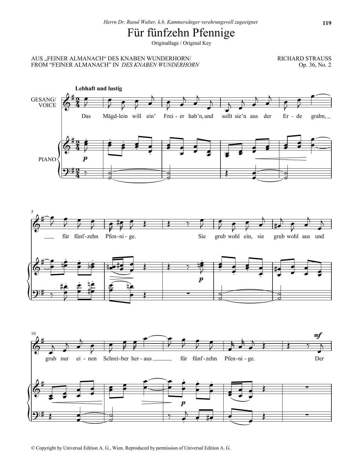 Download Richard Strauss Fur Funfzehn Pfennige (High Voice) Sheet Music