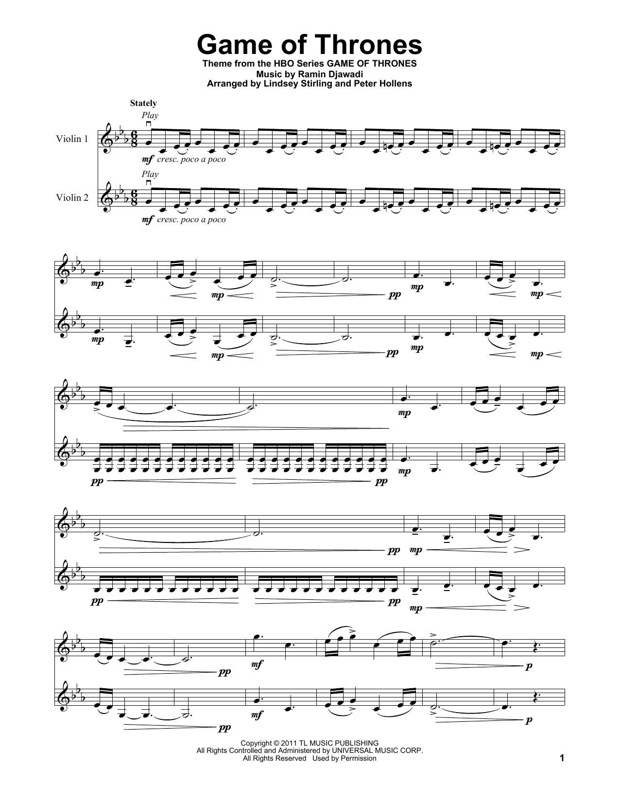 Download Lindsey Stirling Game Of Thrones - Main Title Sheet Music