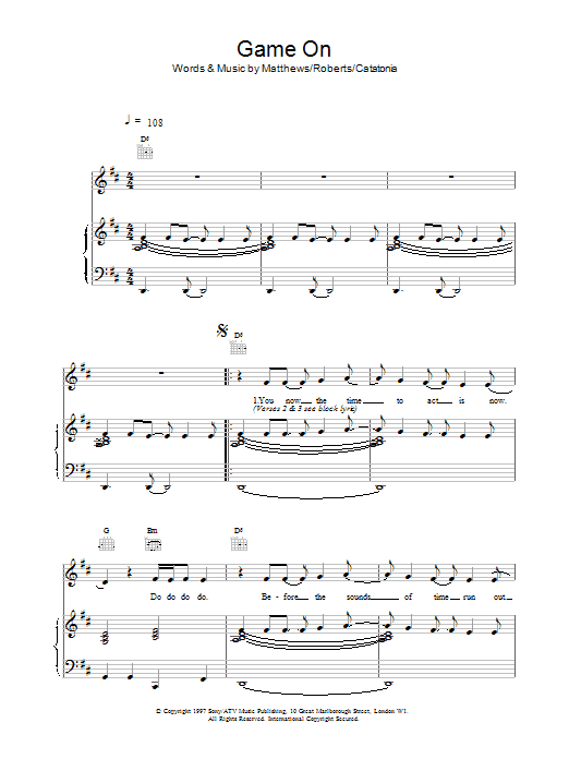 Catatonia Game On sheet music notes printable PDF score
