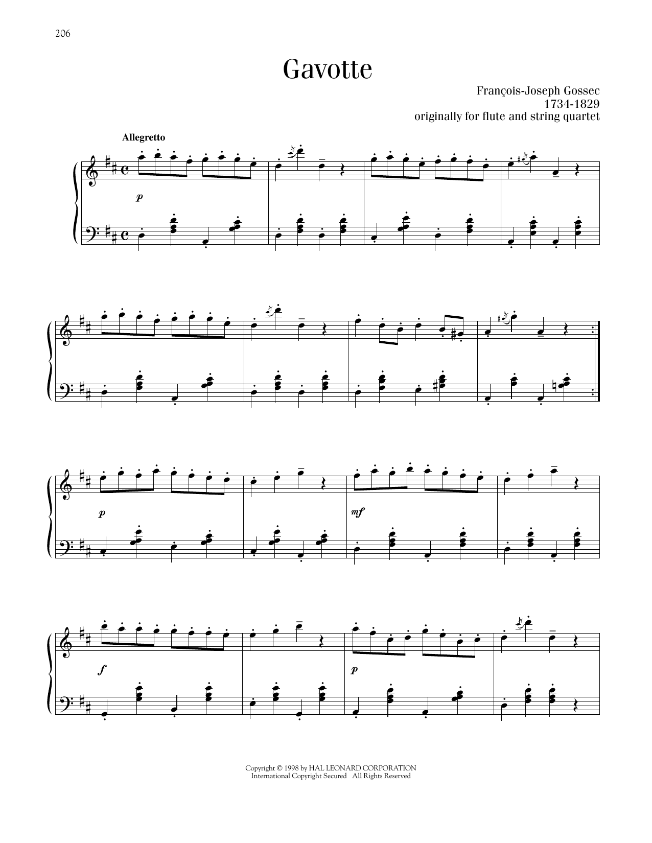 Francois-Joseph Gossec Gavotte sheet music notes printable PDF score