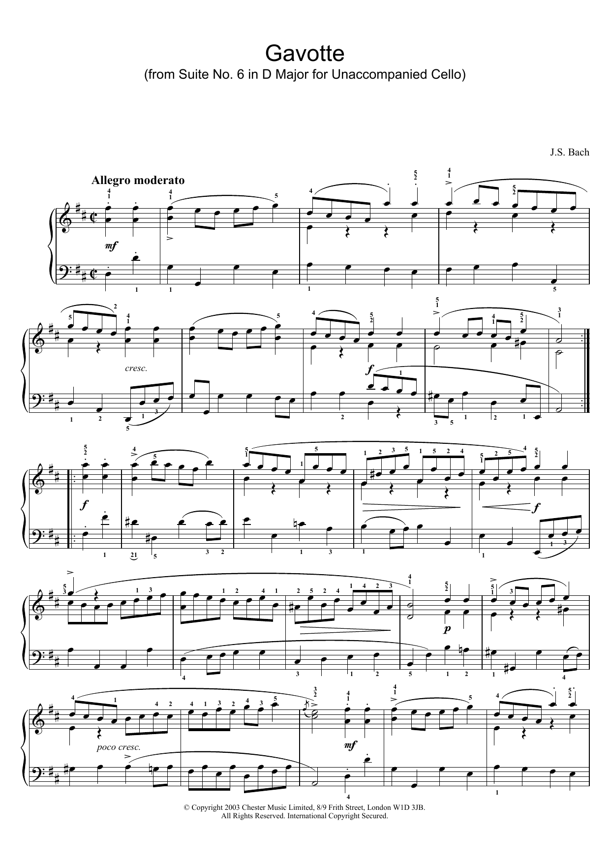 Download Johann Sebastian Bach Gavotte (from Suite No. 6 in D Major fo Sheet Music