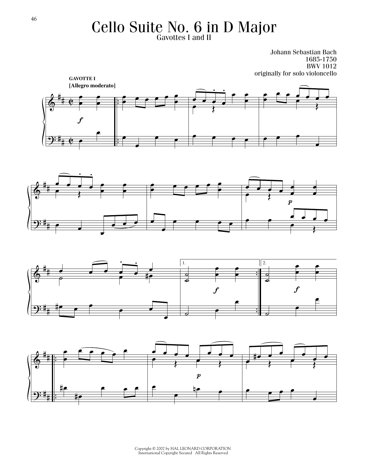 Johann Sebastian Bach Gavotte I & II (from the 6th Cello Suite) sheet music notes printable PDF score