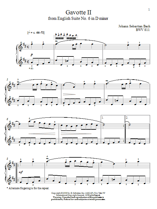 Download Johann Sebastian Bach Gavotte II, BWV 811 Sheet Music