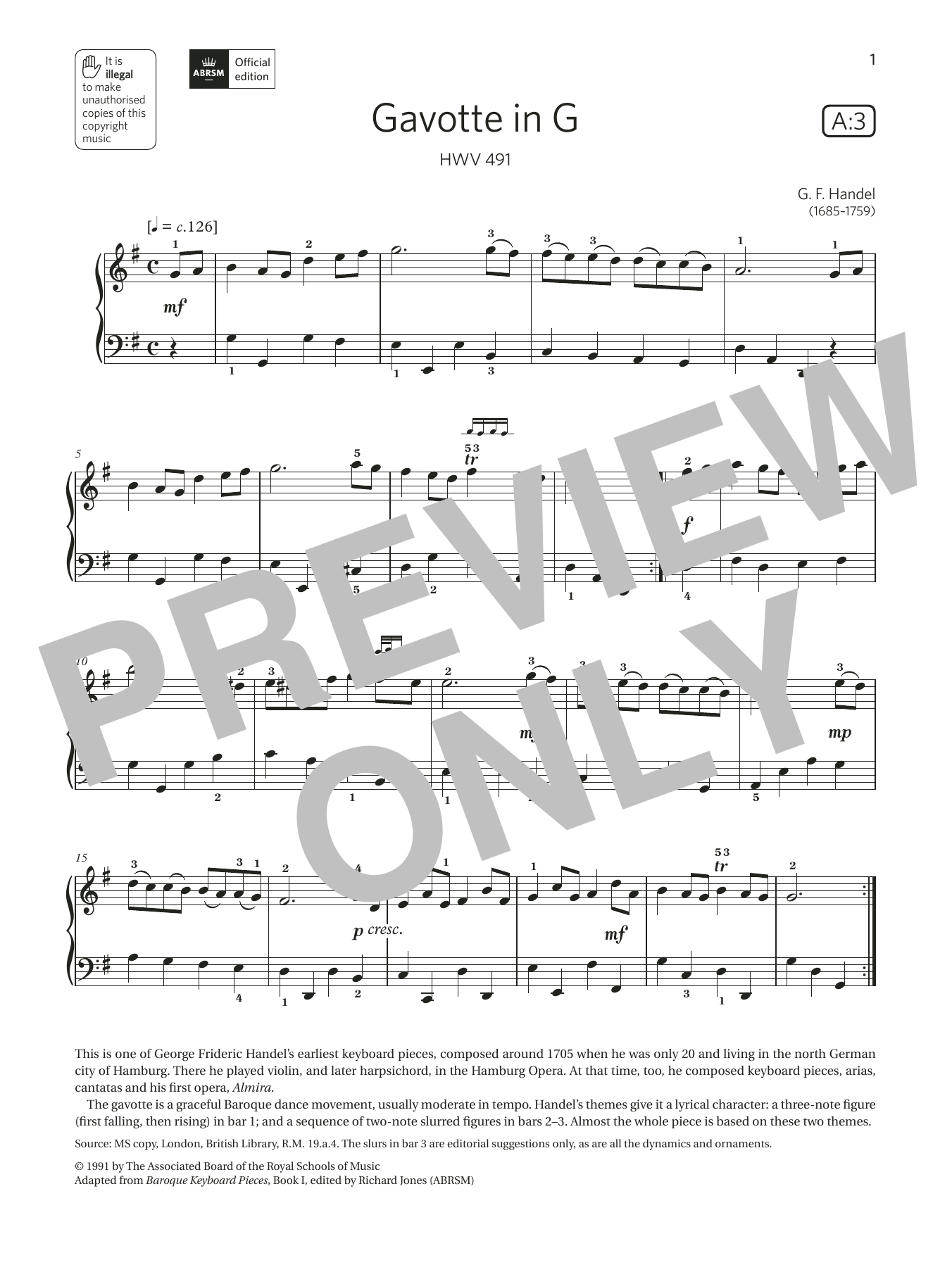 Download G. F. Handel Gavotte in G (Grade 3, list A3, from th Sheet Music