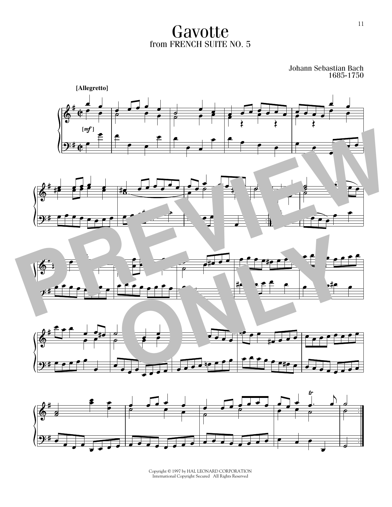 Johann Sebastian Bach Gavotte sheet music notes printable PDF score