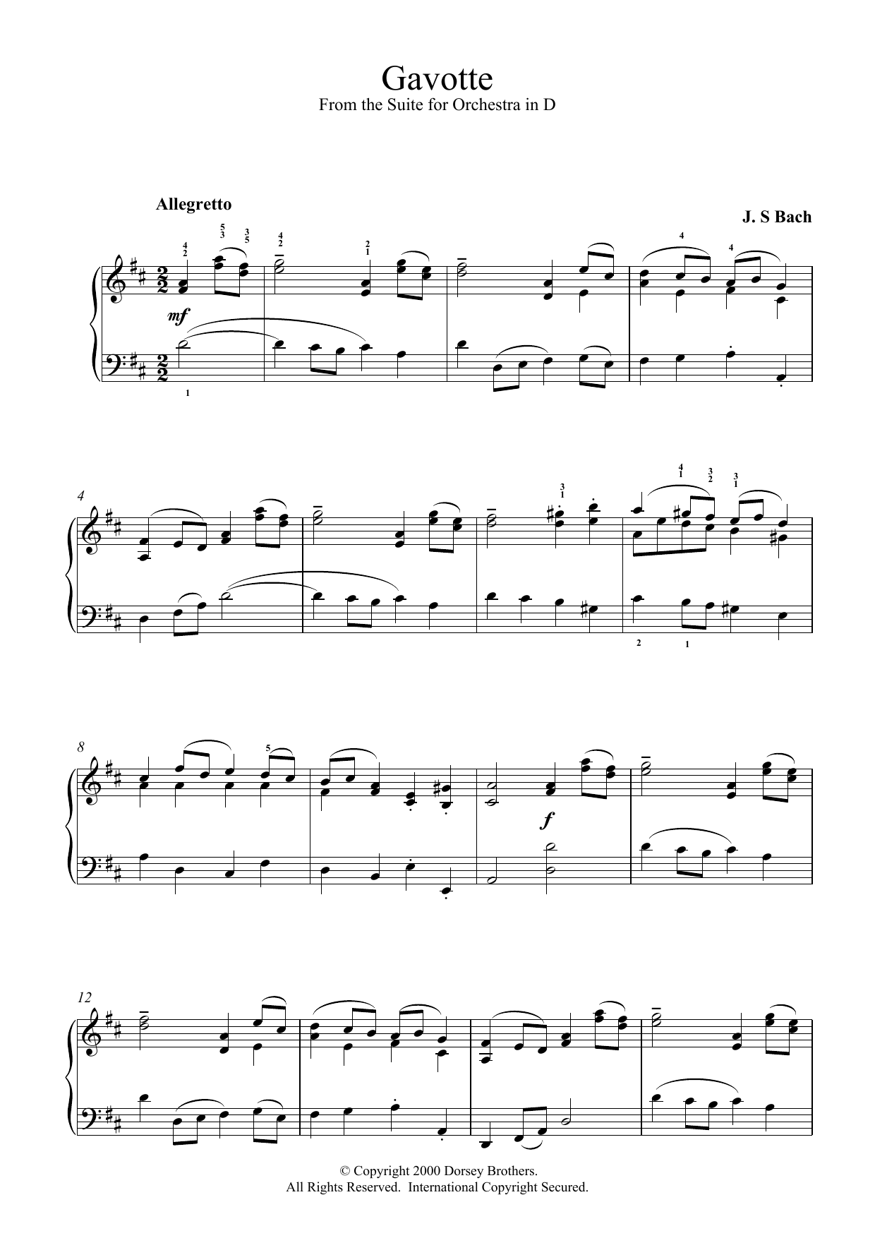 Johann Sebastian Bach Gavotte (from the Suite for Orchestra in D) sheet music notes printable PDF score