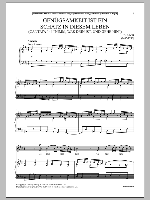 Download Johann Sebastian Bach Genugsamkeit Ist Ein Schatz In Diesem L Sheet Music