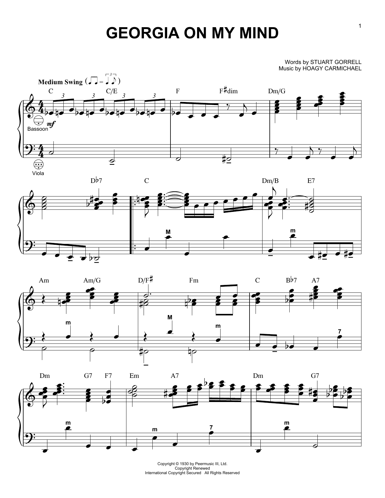 Download Ray Charles Georgia On My Mind (arr. Gary Meisner) Sheet Music