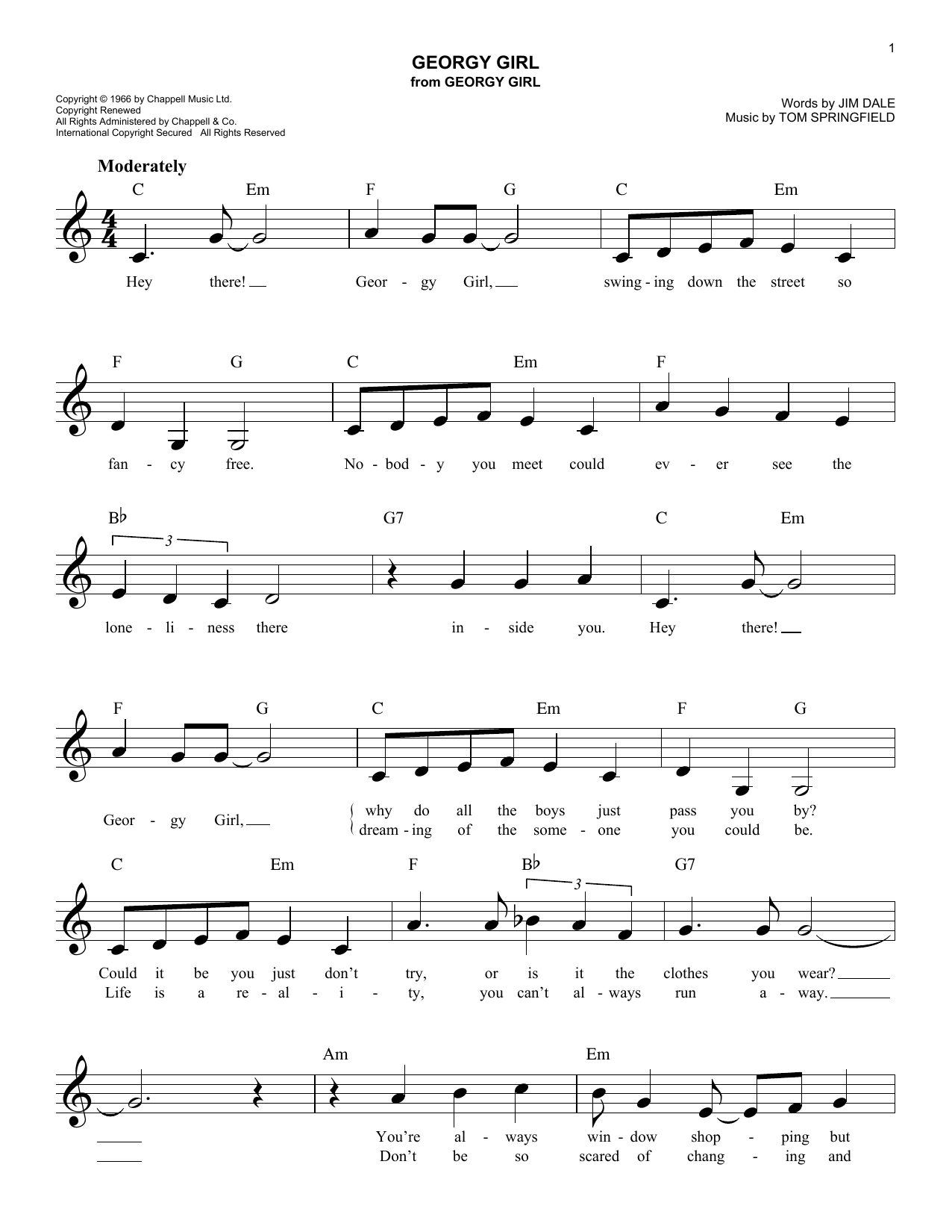 Download The Seekers Georgy Girl Sheet Music