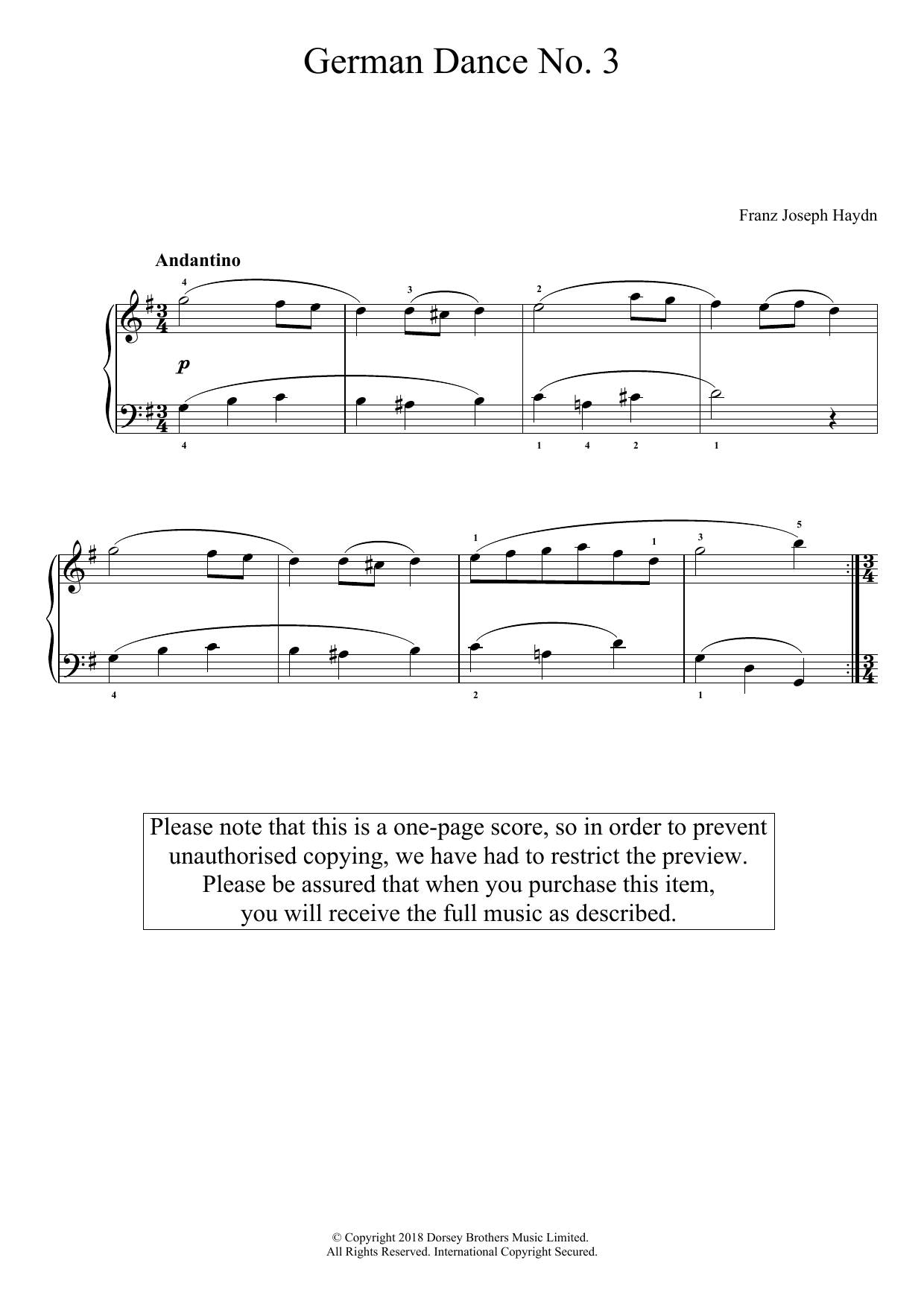 Download Franz Joseph Haydn German Dance No. 3 Sheet Music