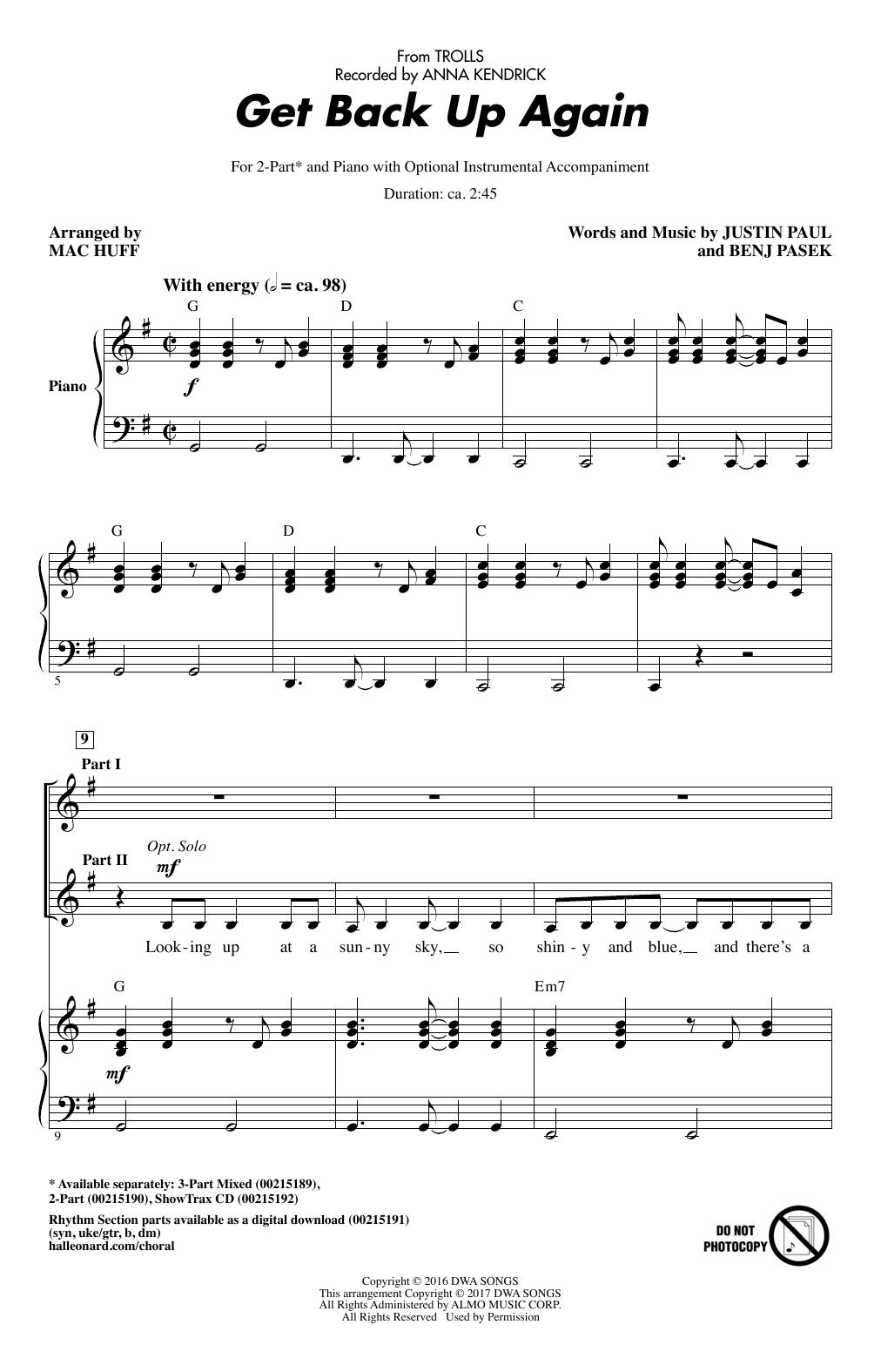 Download Anna Kendrick Get Back Up Again (from Trolls) (arr. M Sheet Music