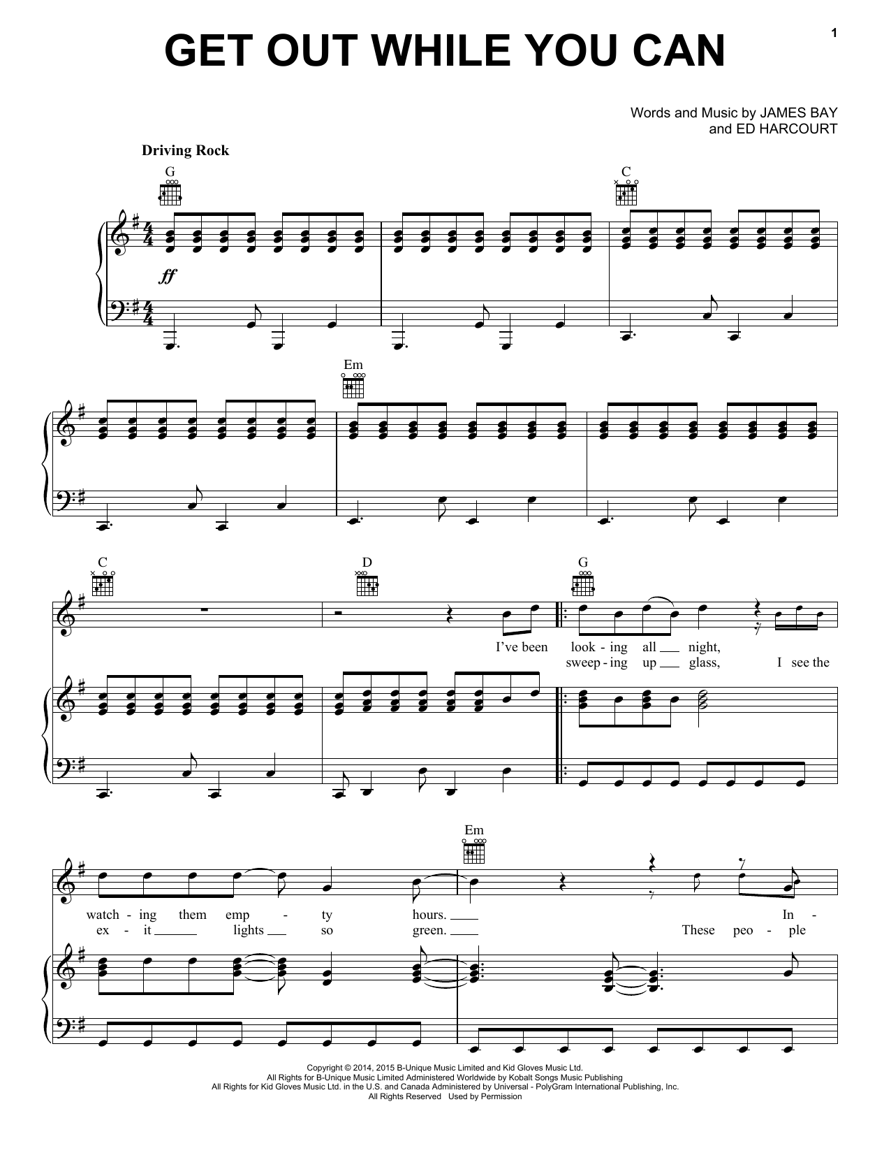 Download James Bay Get Out While You Can Sheet Music