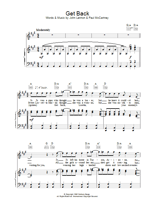 The Beatles Get Back sheet music notes printable PDF score