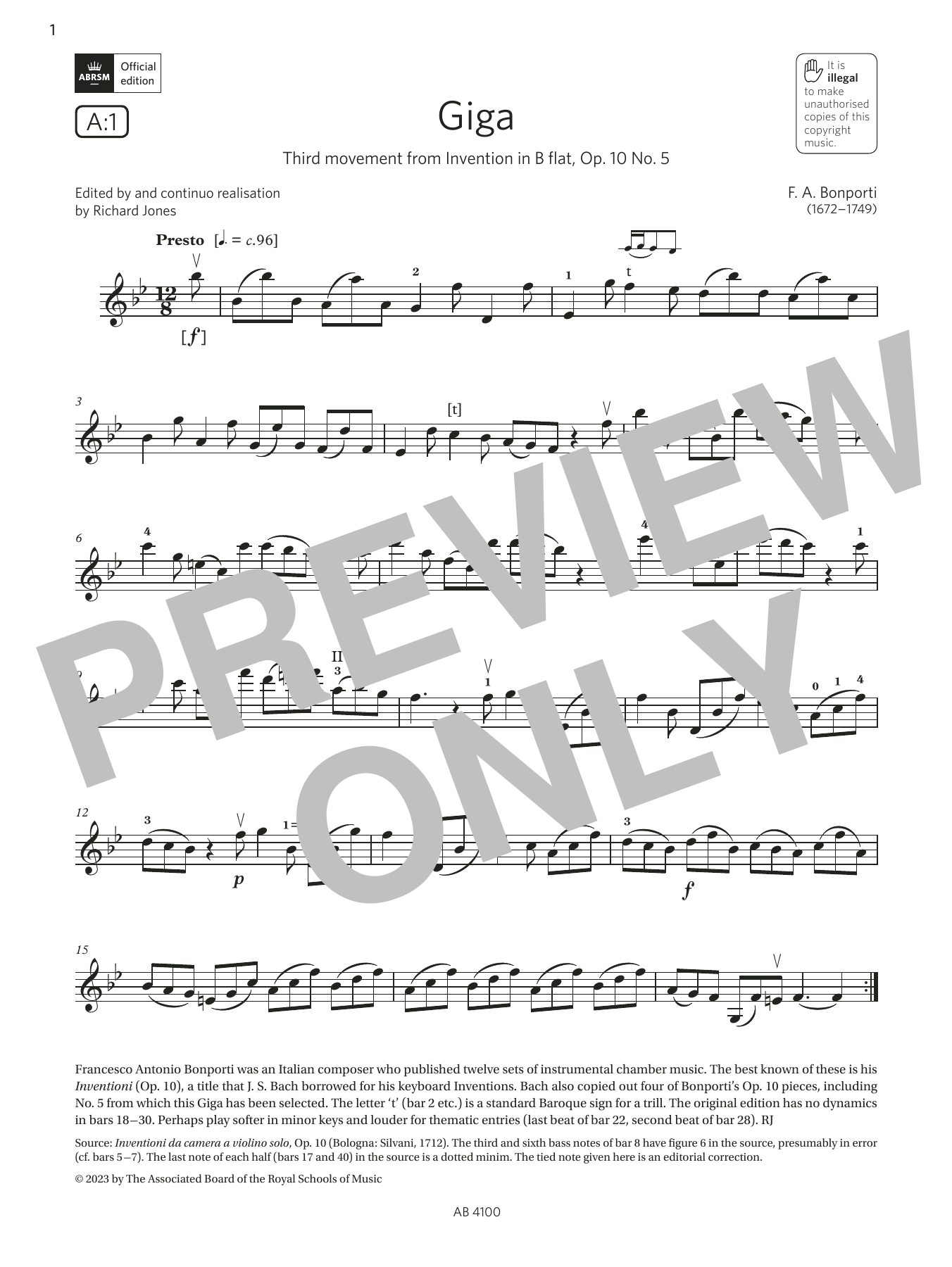 Download F. A. Bonporti Giga (Grade 6, A1, from the ABRSM Violi Sheet Music