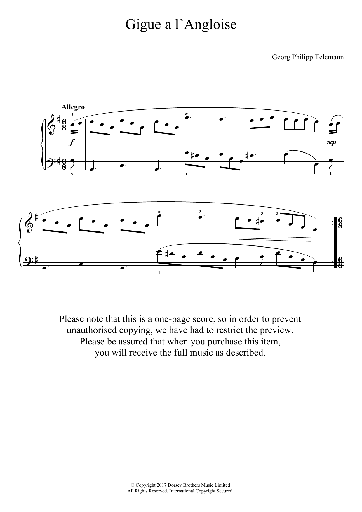 Download Georg Philipp Telemann Gigue A L'angliose Sheet Music