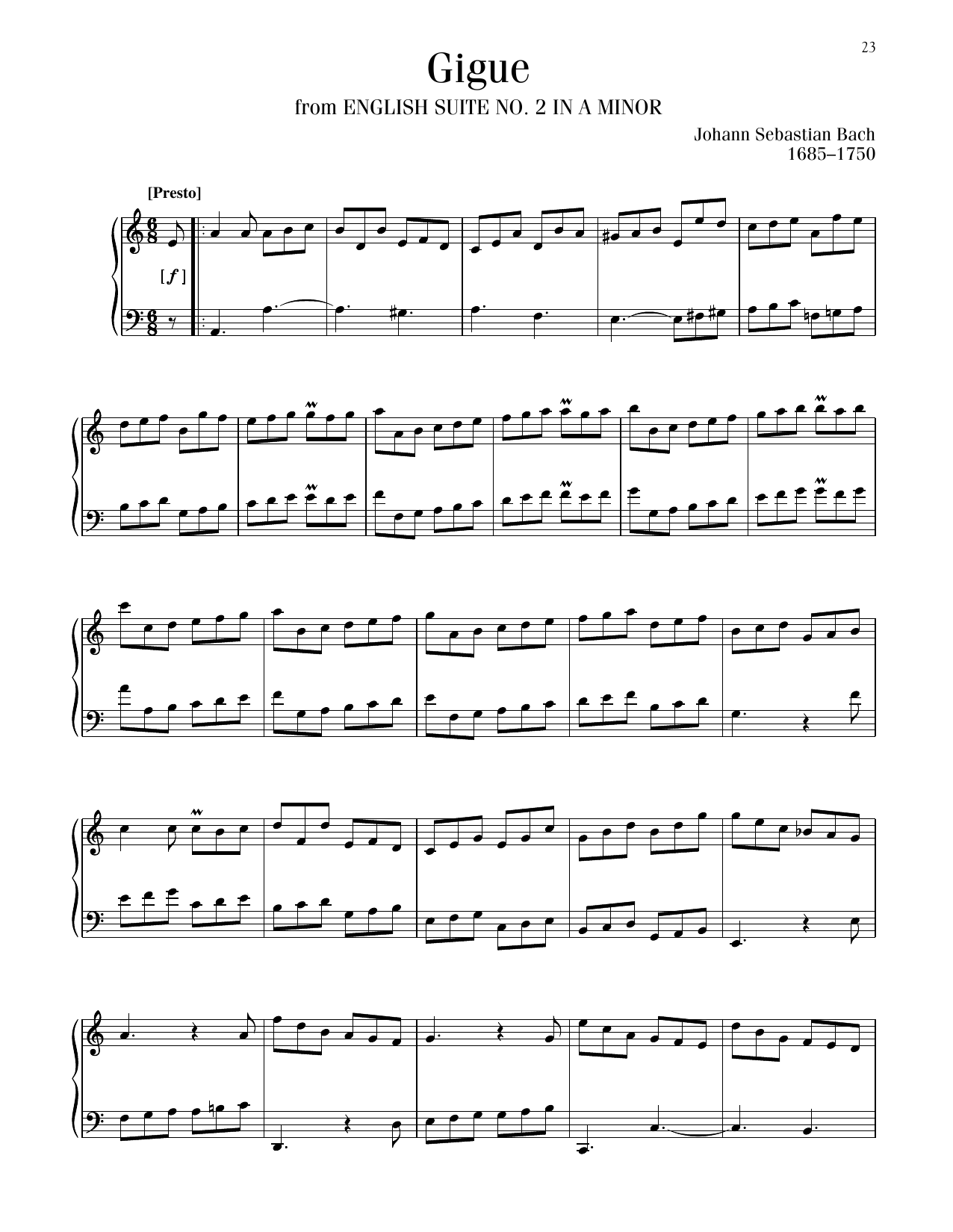 Johann Sebastian Bach Gigue, BWV 807 sheet music notes printable PDF score