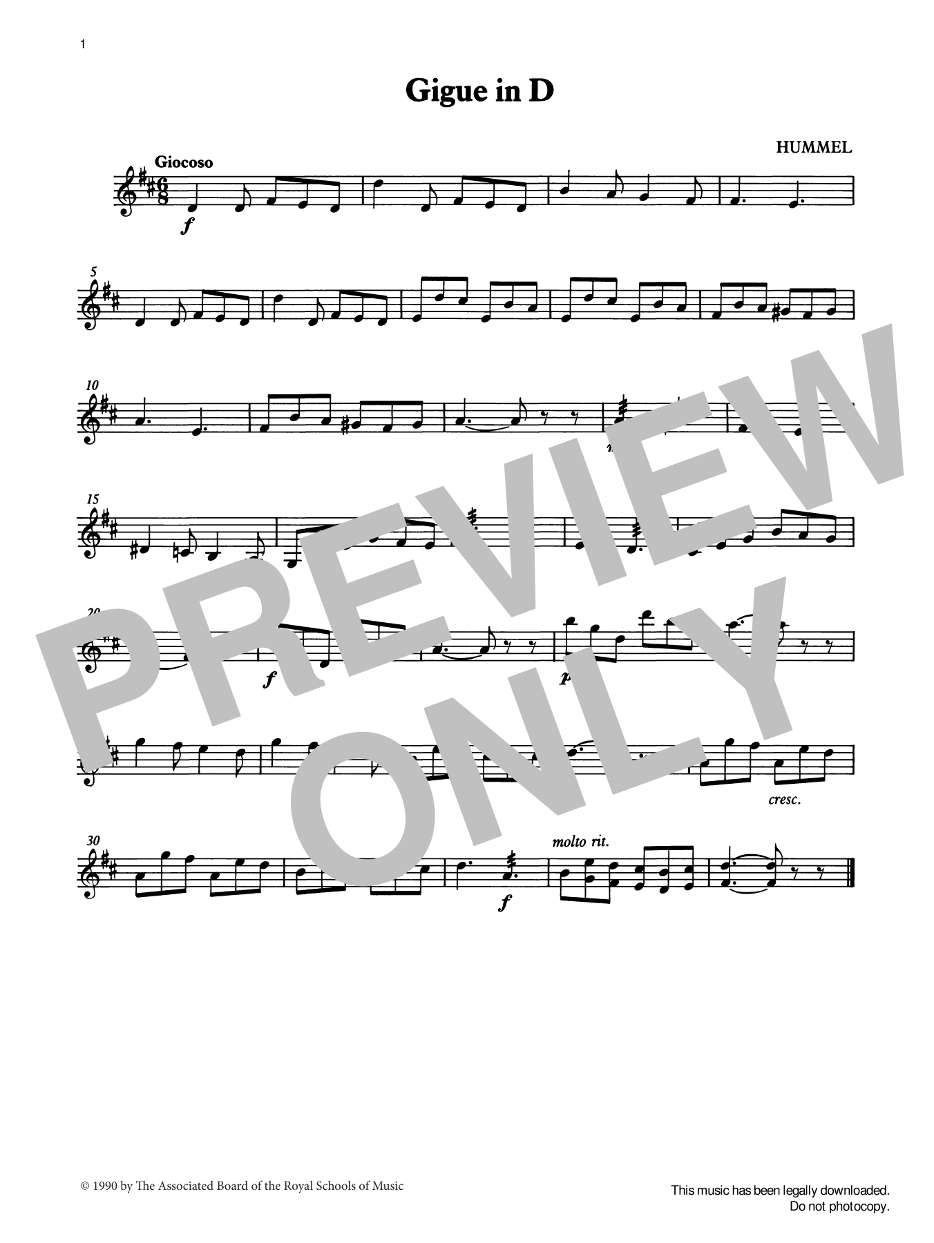 Download J. N. Hummel Gigue in D from Graded Music for Tuned Sheet Music
