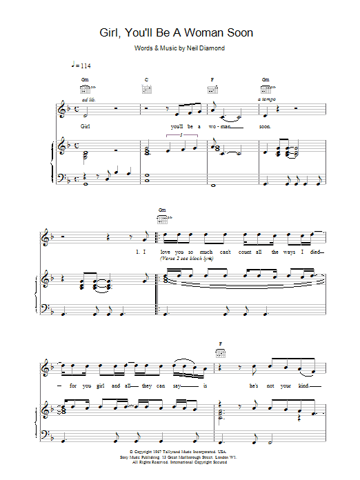 Neil Diamond Girl, You'll Be A Woman Soon sheet music notes printable PDF score