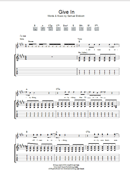 Download The Bravery Give In Sheet Music