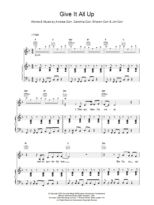 Download The Corrs Give It All Up Sheet Music