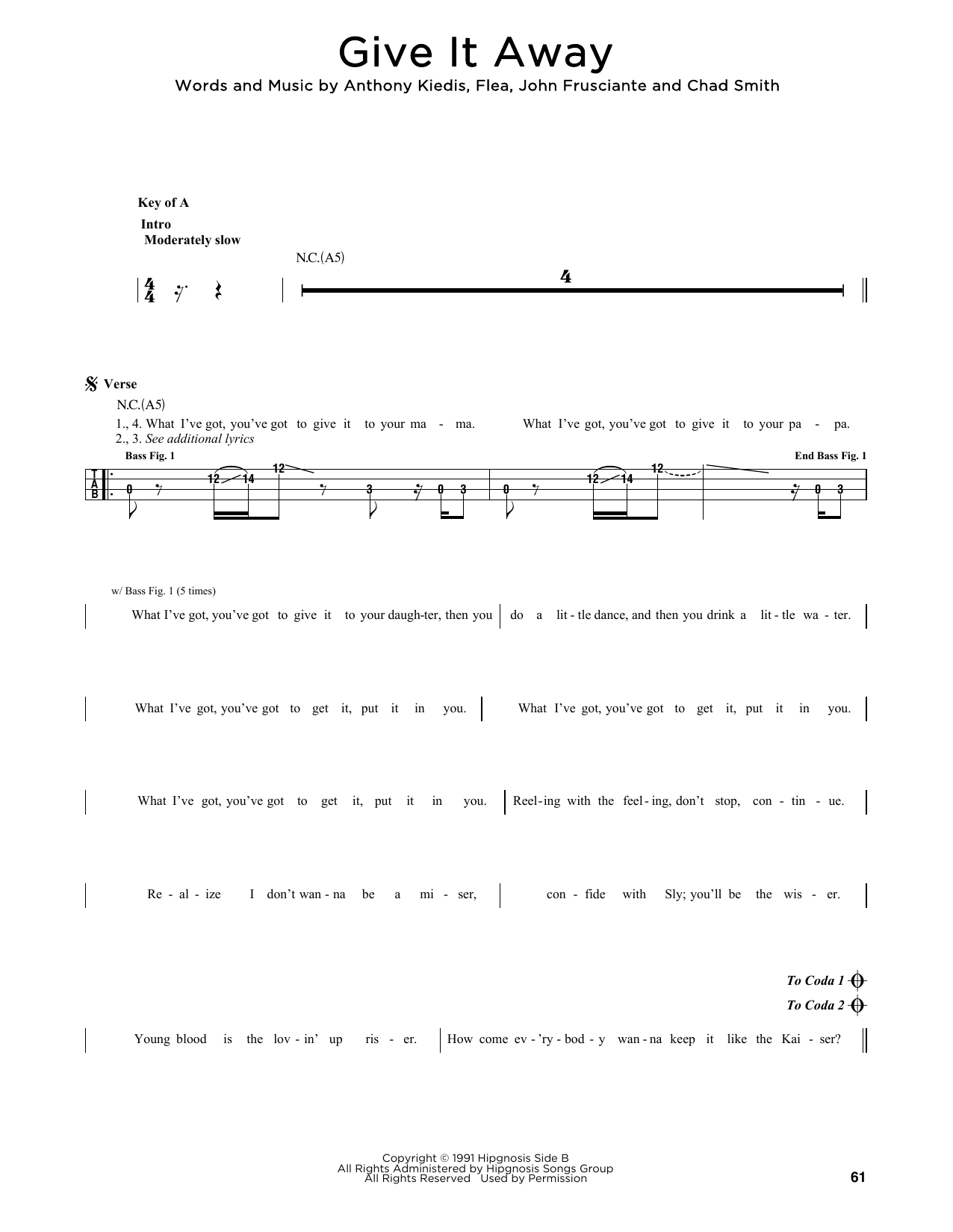 Red Hot Chili Peppers Give It Away sheet music notes printable PDF score