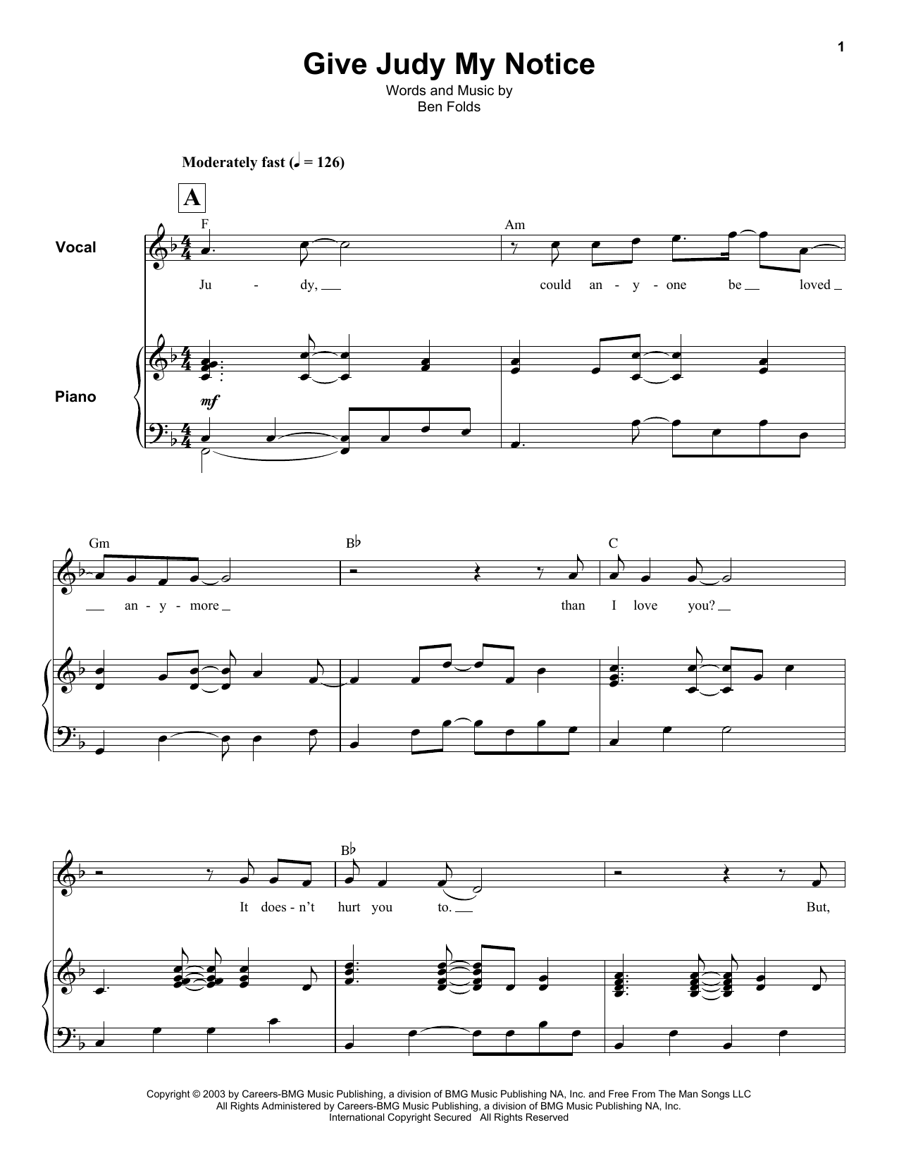 Download Ben Folds Give Judy My Notice Sheet Music