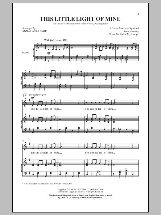 Download African-American Spiritual Give Me Oil In My Lamp (arr. Anna Laura Sheet Music