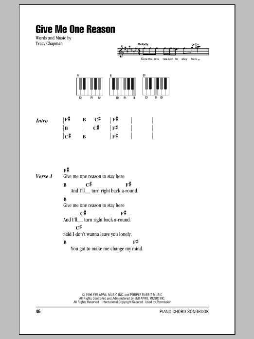 Download Tracy Chapman Give Me One Reason Sheet Music