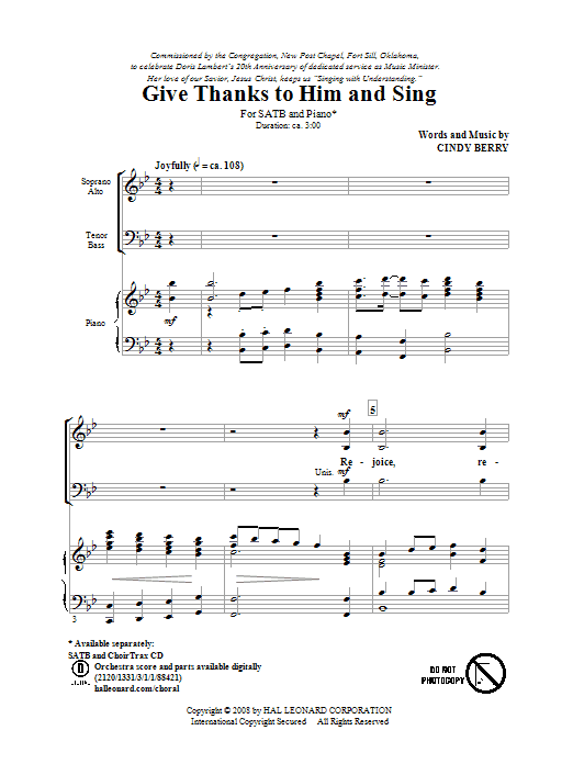 Download Cindy Berry Give Thanks To Him And Sing Sheet Music