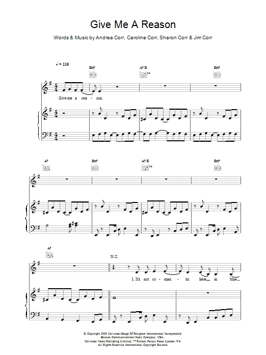 The Corrs Give Me A Reason sheet music notes printable PDF score