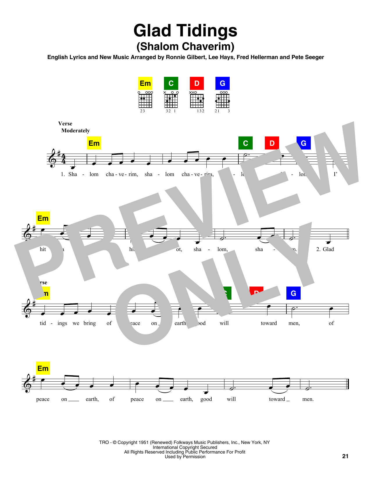 Download Ronnie Gilbert, Lee Hays, Fred Helle Glad Tidings (Shalom Chaverim) Sheet Music