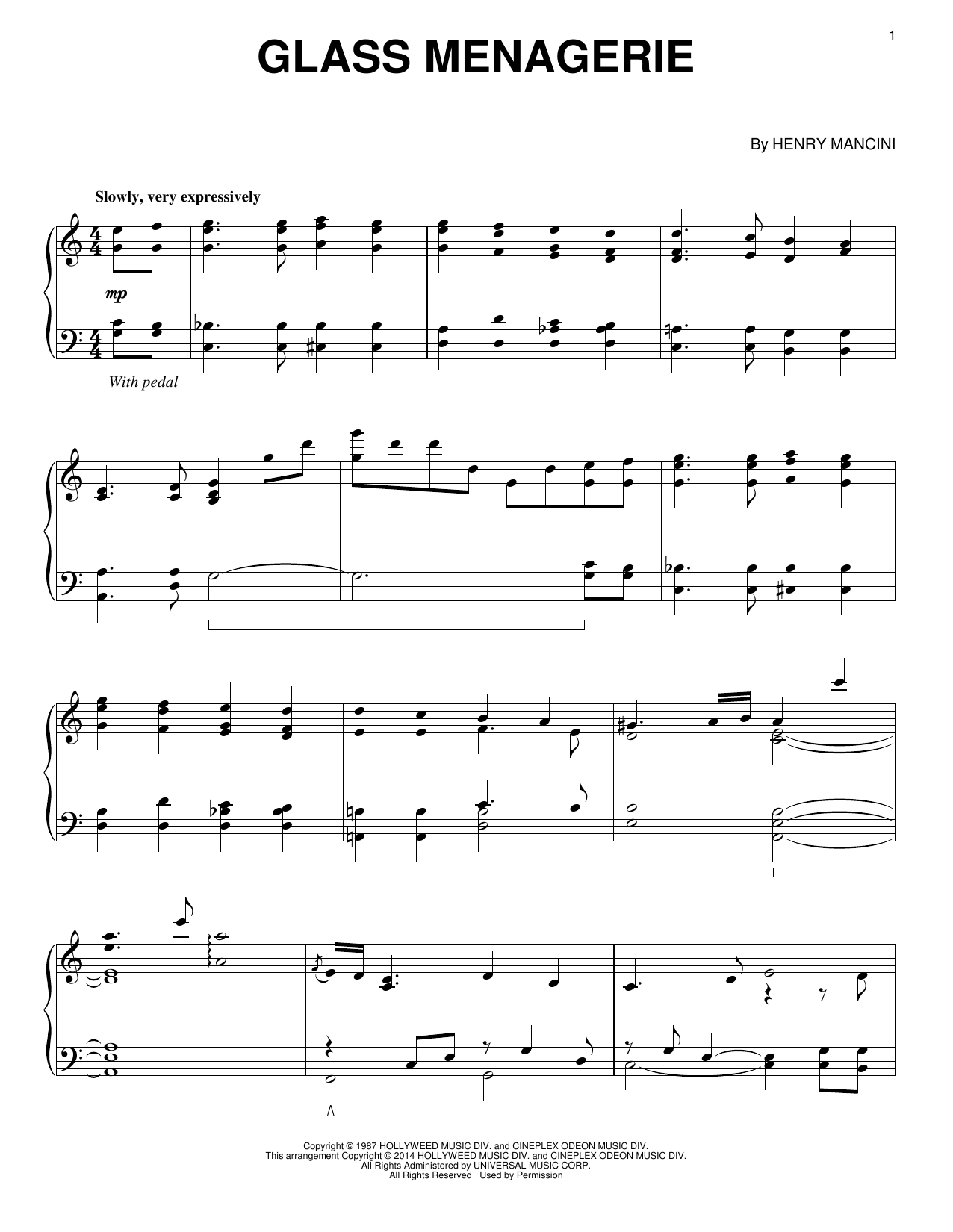 Download Henry Mancini Glass Menagerie Sheet Music