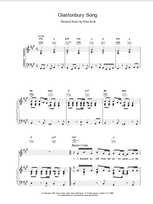 Waterboys Glastonbury Song sheet music notes printable PDF score