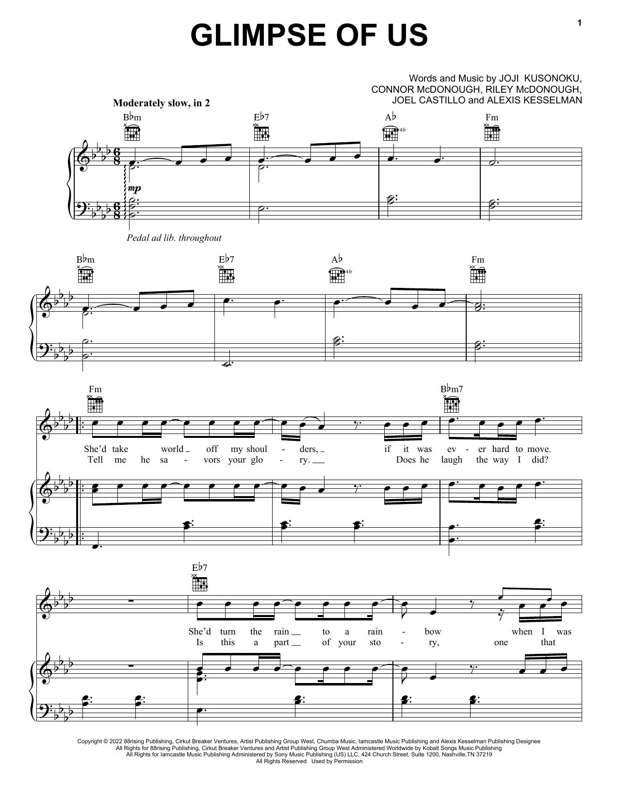 Joji Glimpse Of Us sheet music notes printable PDF score