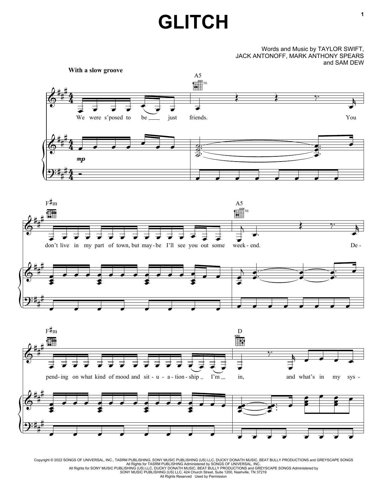 Taylor Swift Glitch sheet music notes printable PDF score
