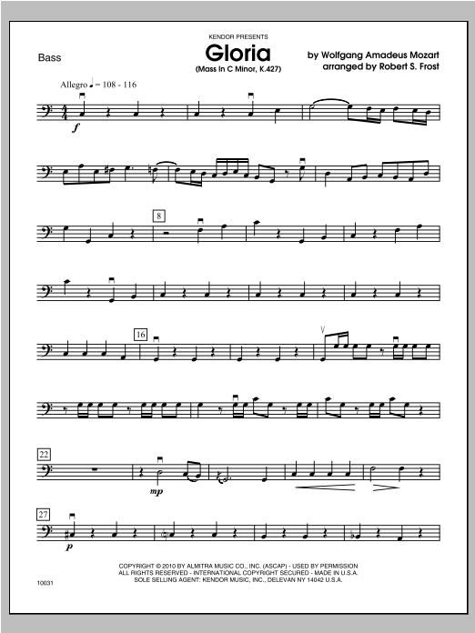 Download Frost Gloria (Mass In C Minor, K. 427) - Bass Sheet Music