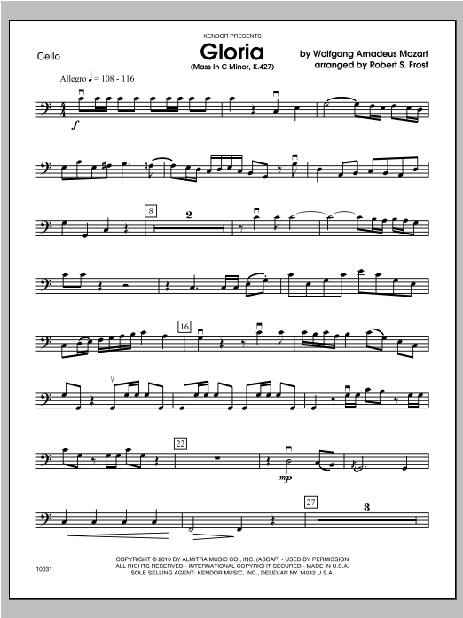 Download Frost Gloria (Mass In C Minor, K. 427) - Cell Sheet Music