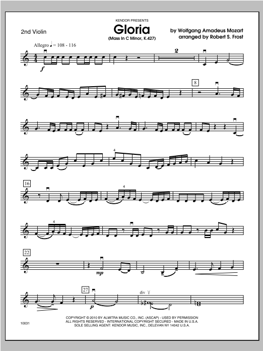 Download Frost Gloria (Mass In C Minor, K. 427) - Viol Sheet Music