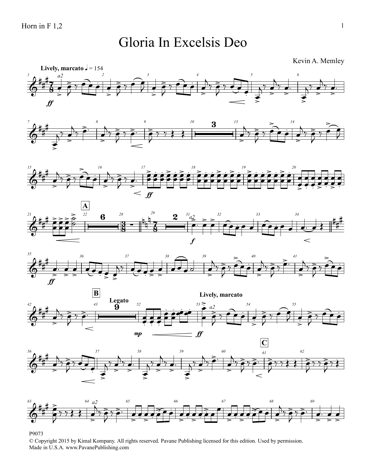 Download Kevin A. Memley Gloria in Excelsis Deo - Horn 1, 2, 3, Sheet Music