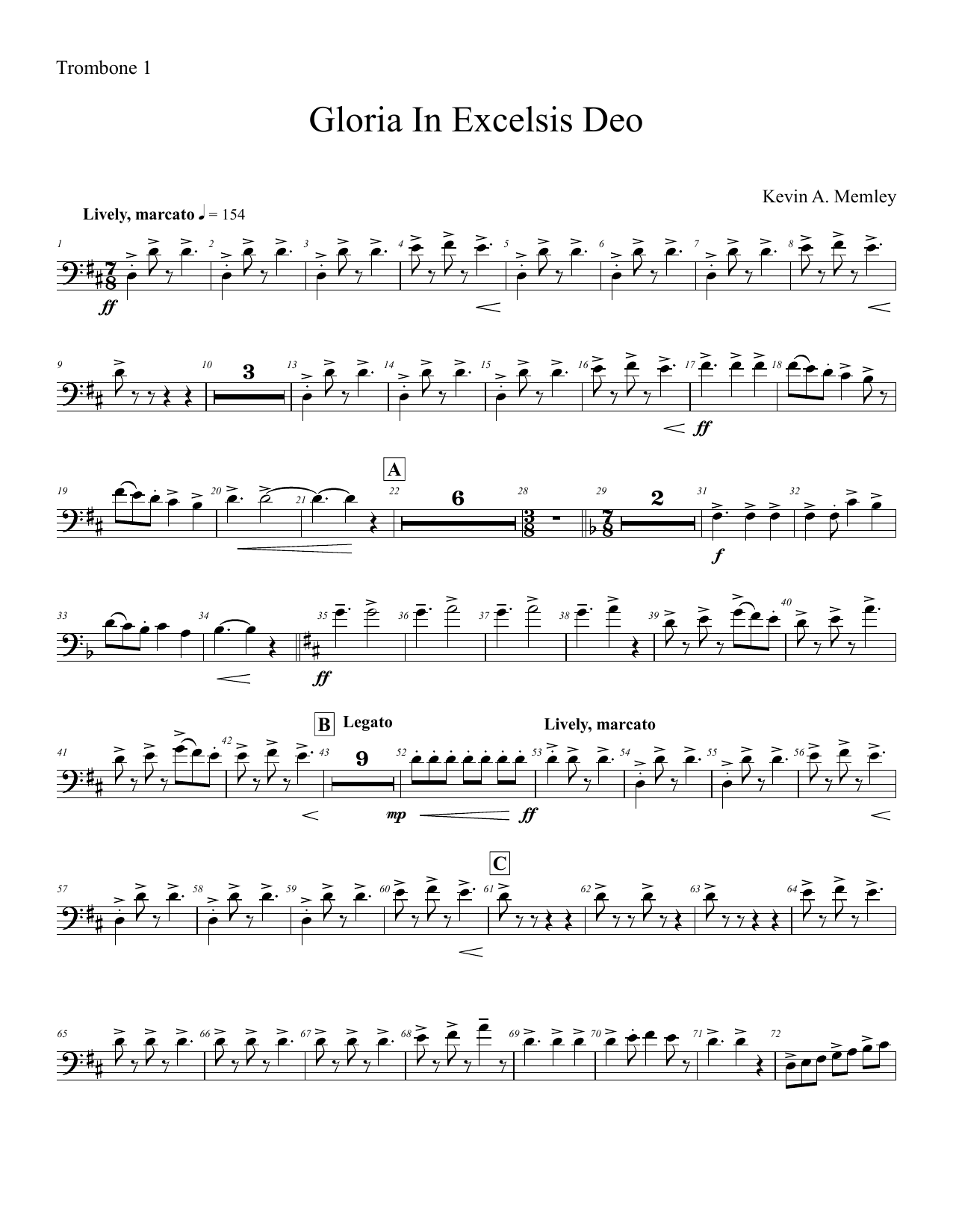 Download Kevin A. Memley Gloria in Excelsis Deo - Trombone 1 Sheet Music