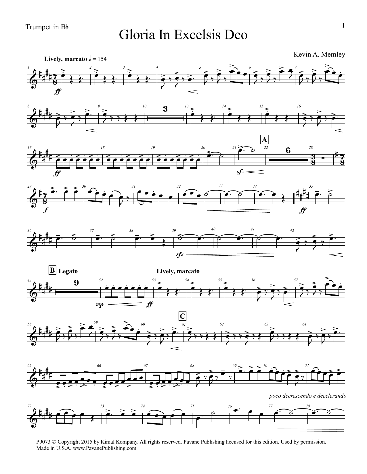 Download Kevin A. Memley Gloria in Excelsis Deo - Trumpet Sheet Music