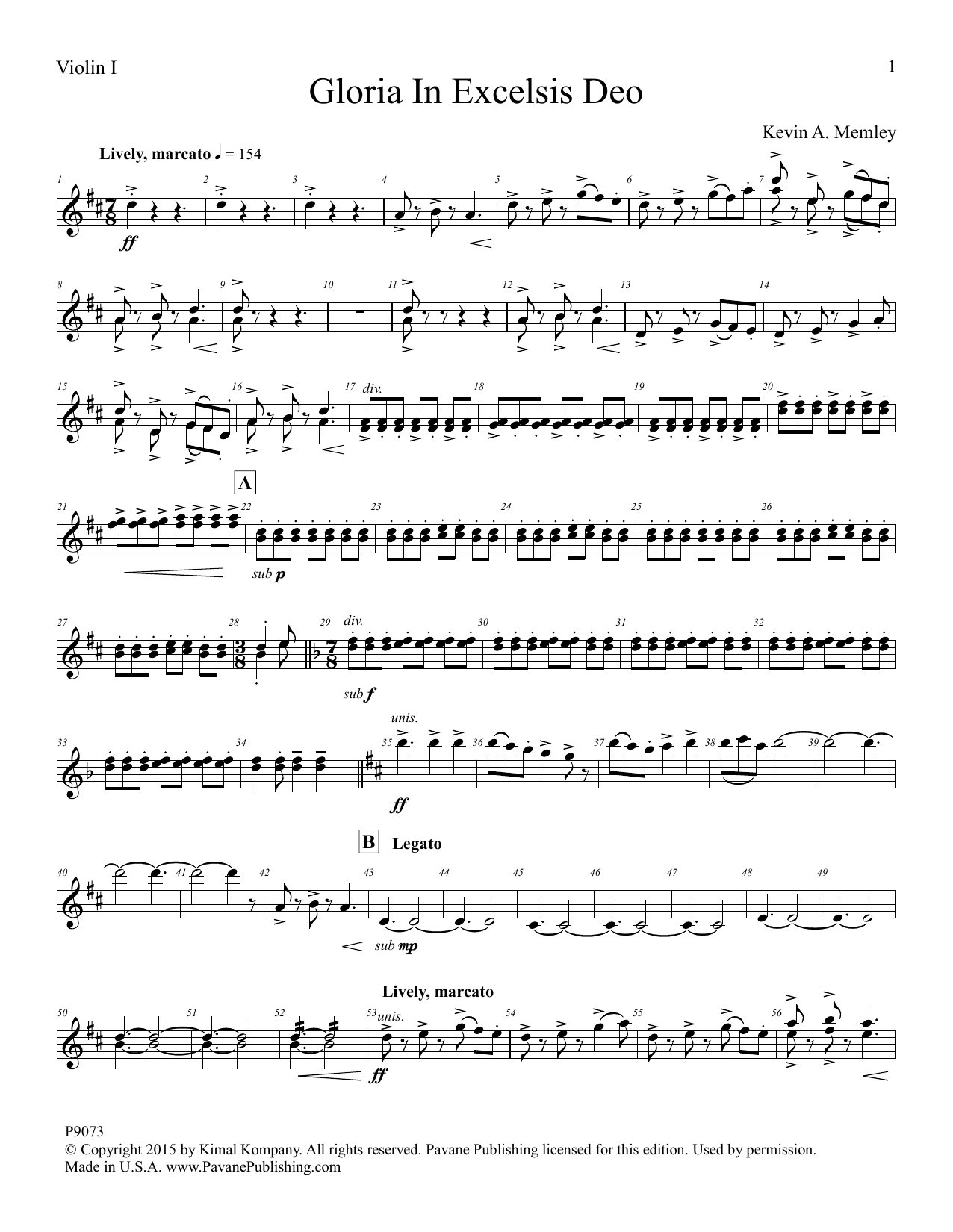 Download Kevin A. Memley Gloria in Excelsis Deo - Violin 1 Sheet Music
