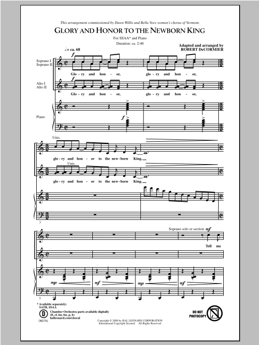Download Robert DeCormier Glory and Honor To The Newborn King Sheet Music
