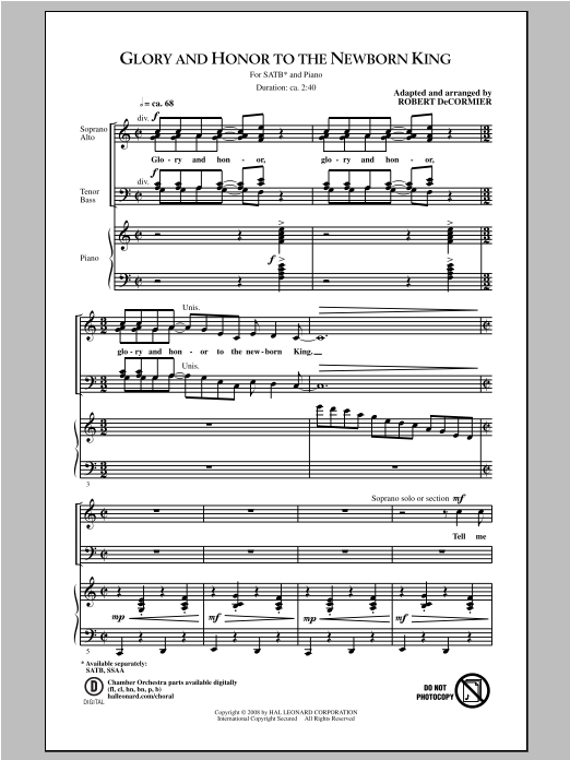 Download Robert DeCormier Glory and Honor To The Newborn King Sheet Music