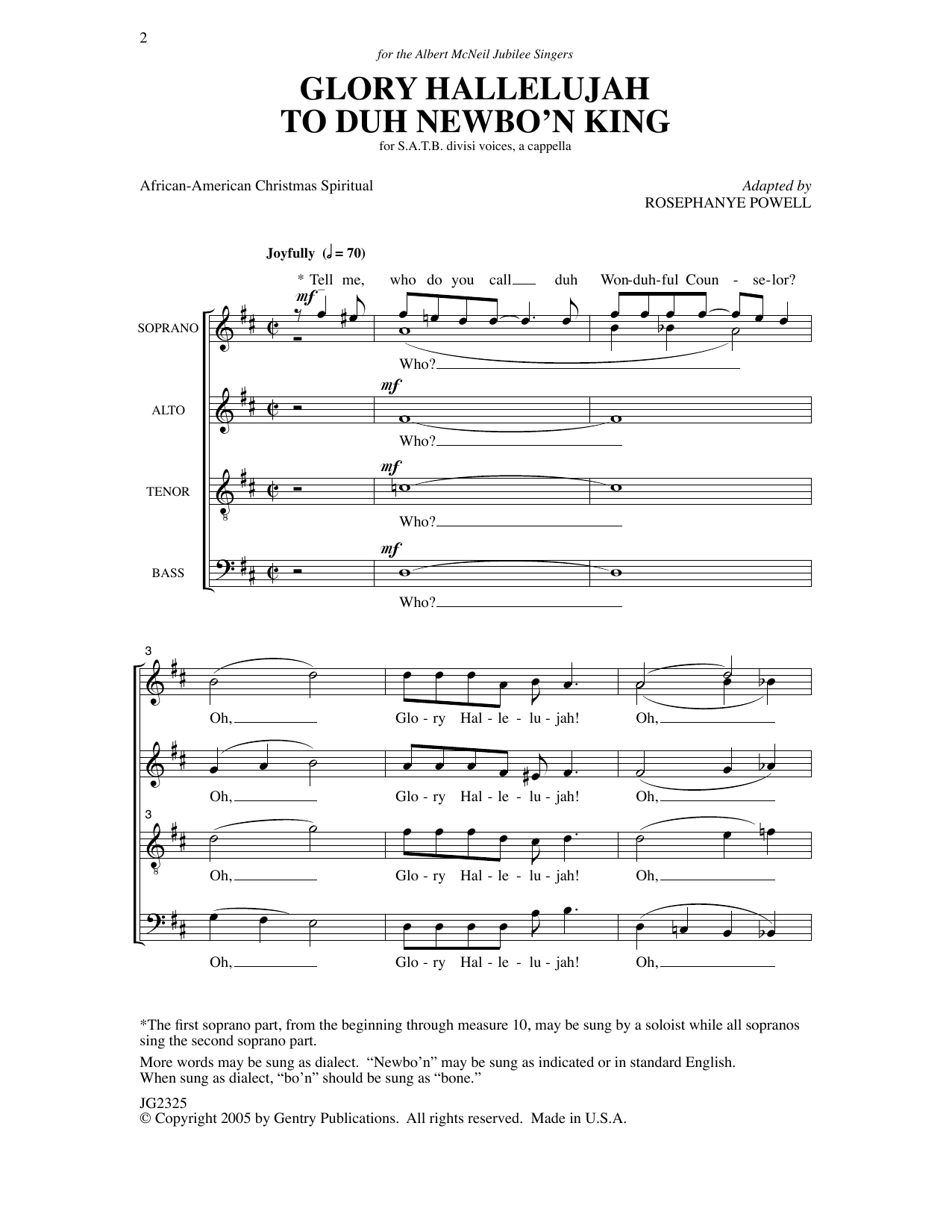 Rosephanye Powell Glory Hallelujah To Duh Newbo'n King! sheet music notes printable PDF score