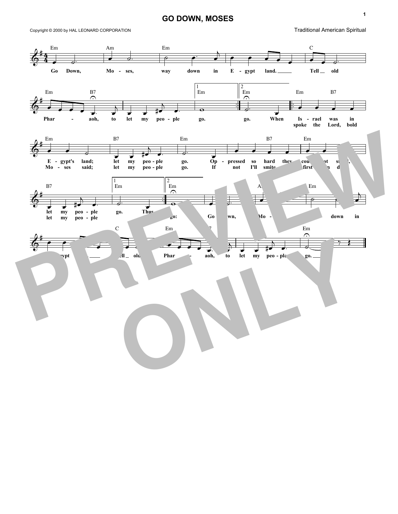 Download African-American Spiritual Go Down Moses Sheet Music