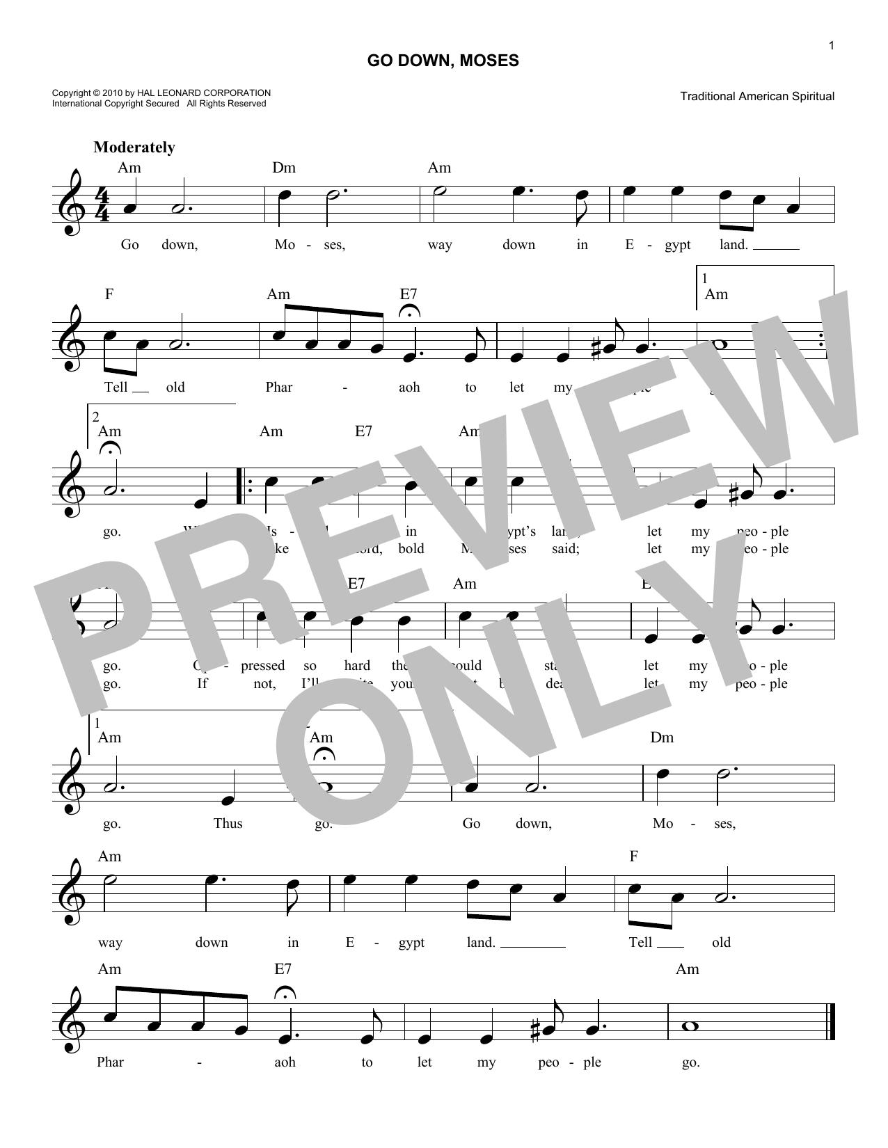 Download African-American Spiritual Go Down, Moses Sheet Music